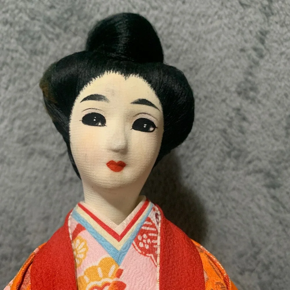 Vintage Japanese Geisha Doll Orange Silk Brocade Kimono Tatami Base 17 Inch